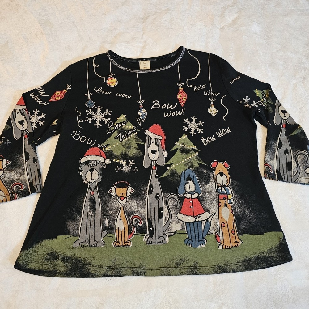 Jess & Jane Black Bow Wow Christmas 3/4 Sleeves Women's Top Size XLarge